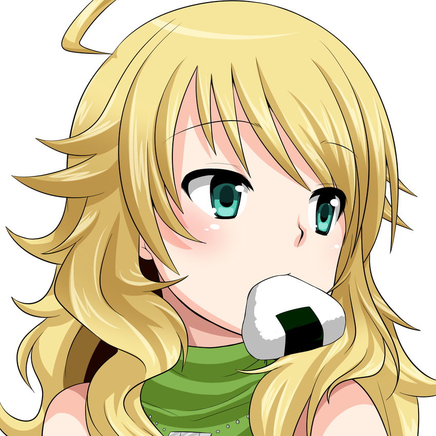 ahoge blonde_hair blue_eyes blush face food highres hoshii_miki idolmaster idolmaster_(classic) long_hair miki_purasu mouth_hold onigiri portrait solo white_background