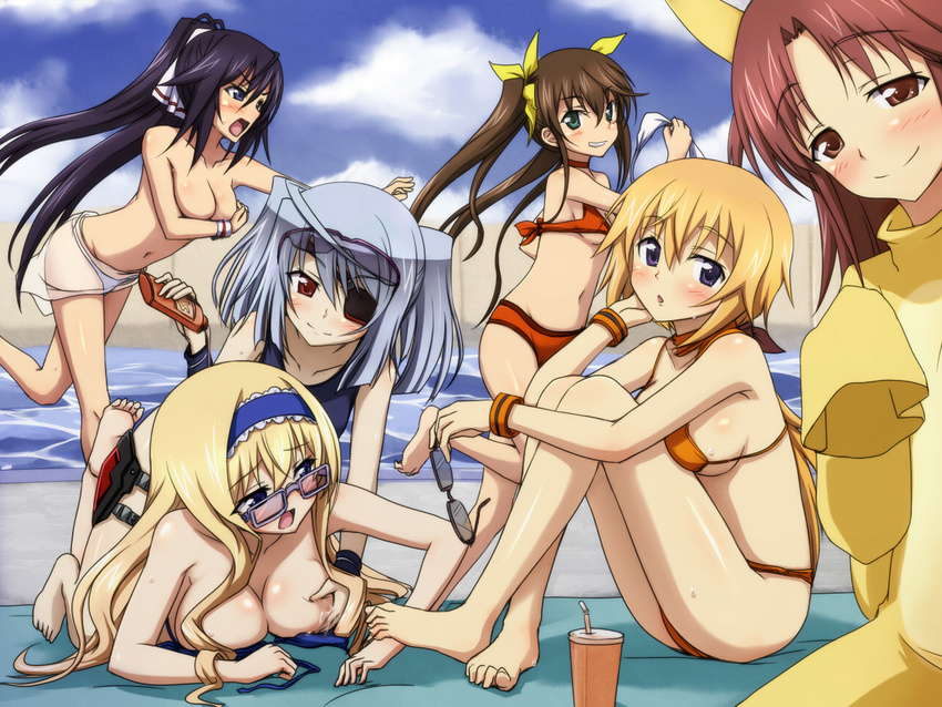 angry animal_ears assisted_exposure bare_shoulders barefoot beach bikini bikini_top_removed blonde_hair blue_hairband blush breast_grab breast_hold breast_press breasts brown_eyes brown_hair cecilia_alcott charlotte_dunois choker clothes_theft cloud covering covering_breasts day drink embarrassed eyepatch feet fox_ears grabbing hair_ribbon hairband holding huang_lingyin infinite_stratos large_breasts laura_bodewig legs long_hair long_legs lotion lying moaning multiple_girls naughty_face navel negija nohotoke_honne open_mouth outdoors ponytail purple_hair red_hair ribbon running sand shinonono_houki shiny shiny_skin short_hair sideboob silver_hair sitting sky small_breasts smile sunglasses sweat swimsuit swimsuit_theft theft thighs topless towel twintails wallpaper water wristband yuri