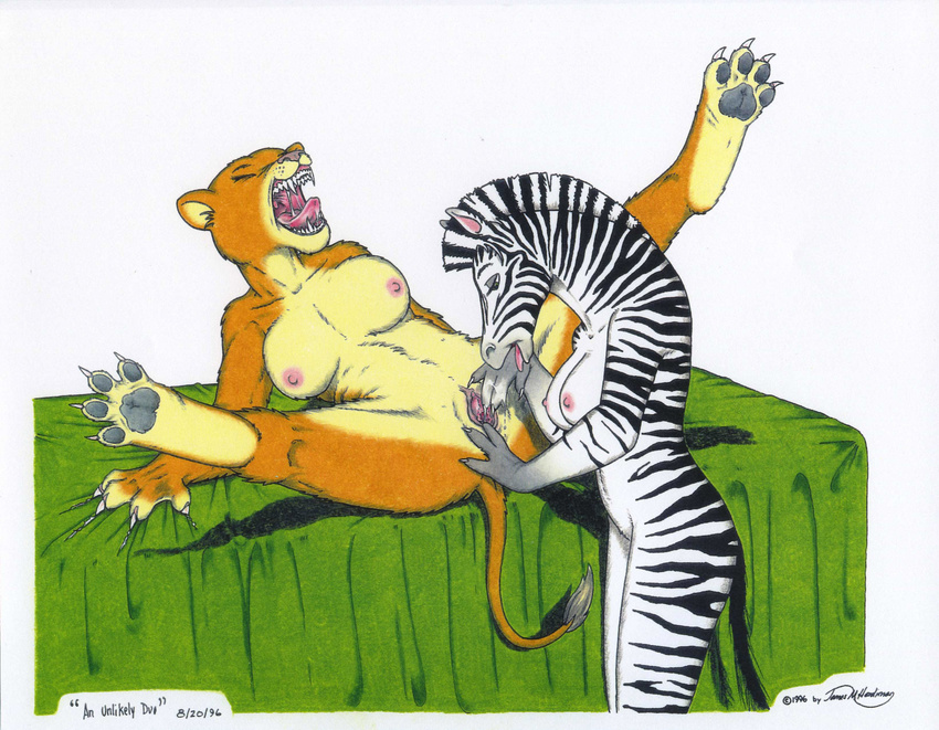 1997 absurd_res anthro bed breasts claws duo equine feline female fingering hi_res hindpaw interspecies james_m_hardiman lesbian lion mammal nipples nude orgasm paws predator/prey_relations predator/prey_relationship pussy pussy_juice zebra