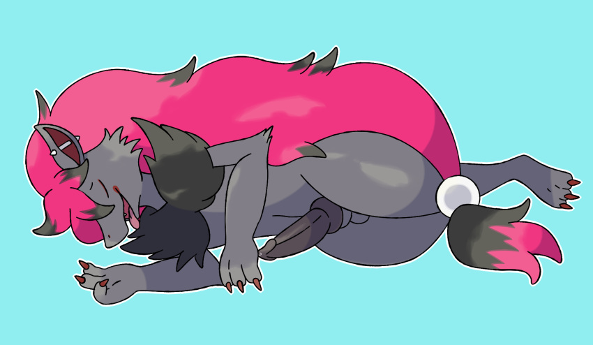 2019 anthro balls black_fur canine claws cyan_background digital_drawing_(artwork) digital_media_(artwork) erection fangs fur grey_fur hair hi_res knot long_hair lying male mammal nintendo open_mouth penis piercing pink_fur pok&eacute;mon pok&eacute;mon_(species) precum reallydarkandwindie red_claws simple_background sleeping solo tongue tongue_out video_games zoroark