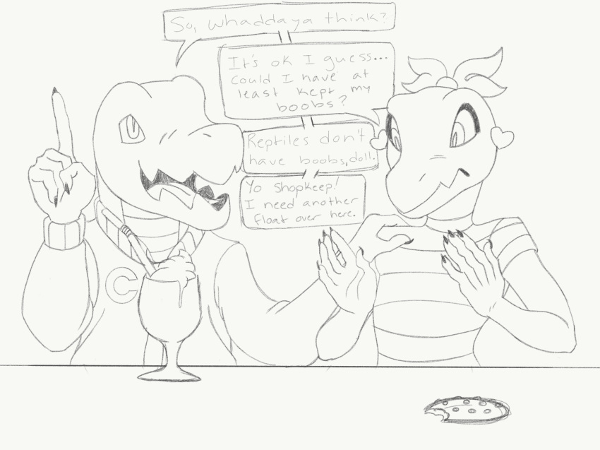 anthro black_and_white claws clothing cookie female food goosebumps hi_res ice_cream_float lizard male monochrome post_transformation reptile scalie unknown_artist