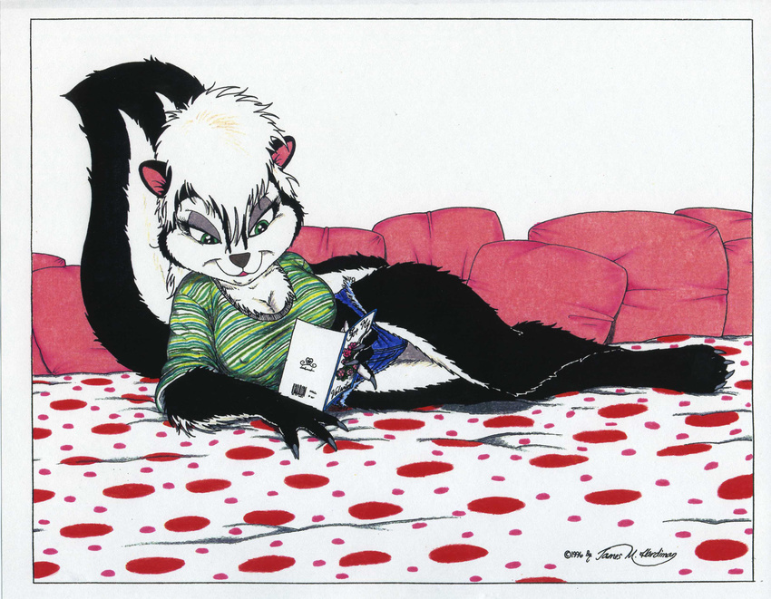 absurd_res bed clothed clothing female green_eyes hi_res james_m_hardiman lori_(jmh) mammal skimpy skunk