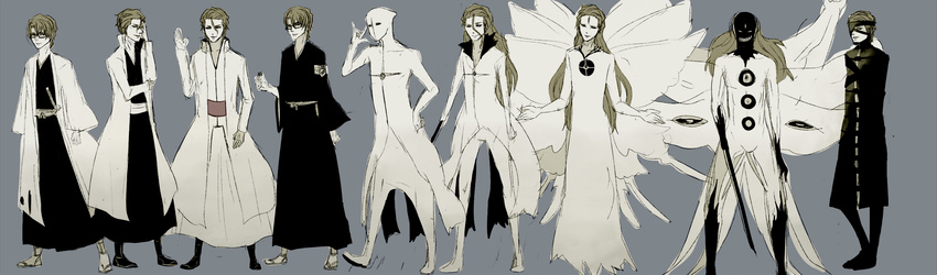 \m/ aizen_sousuke alternate_costume alternate_form armband badge bleach bleach:_turn_back_the_pendulum costume_chart eyepatch fukutaichou_badge glasses haori highres japanese_clothes katana kimono long_hair mask multiple_persona multiple_wings nyro short_hair sketch spoilers sword weapon wings