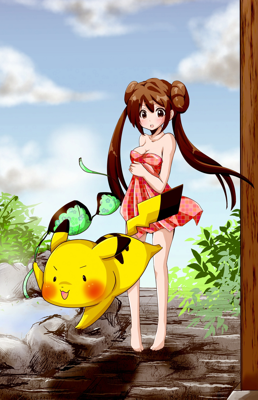 absurdres bad_id bad_pixiv_id barefoot bra bra_removed brown_hair clothes_theft cloud cloudy_sky day double_bun gen_1_pokemon green_bra highres long_hair mei_(pokemon) naked_towel pikachu pokemon pokemon_(creature) pokemon_(game) pokemon_bw2 sky tail theft tonamw towel twintails underwear underwear_theft