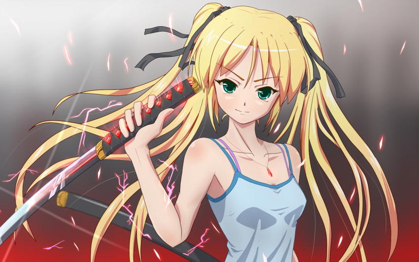 bad_id bad_pixiv_id blonde_hair bra camisole electricity green_eyes hair_ribbon jewelry katana lingerie long_hair necklace original reverse_grip ribbon scabbard sheath shino_(pixia) smile solo sword twintails underwear weapon