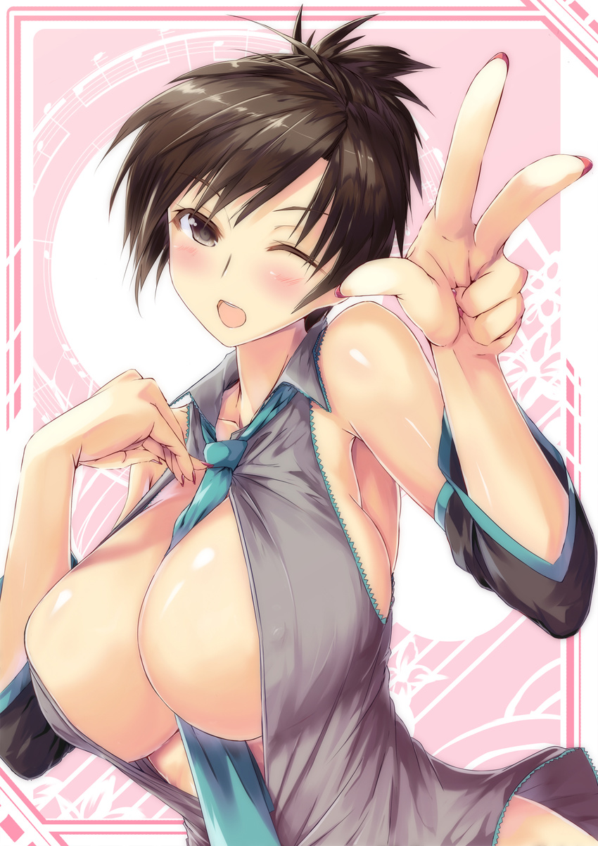 bare_shoulders between_breasts breasts brown_eyes brown_hair cleavage cosplay daidou_(demitasse) detached_sleeves fingernails hatsune_miku hatsune_miku_(cosplay) highres huge_breasts looking_at_viewer meiko nail_polish necktie one_eye_closed open_mouth short_hair smile solo undersized_clothes v vocaloid
