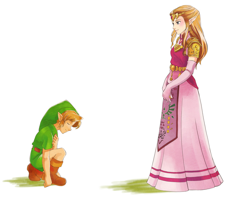 1girl bad_id bad_pixiv_id blonde_hair blue_eyes boots bowing closed_eyes dress earrings jewelry link long_hair luisa_rafidi lulles nintendo pointy_ears princess_zelda smile the_legend_of_zelda the_legend_of_zelda:_ocarina_of_time young_link