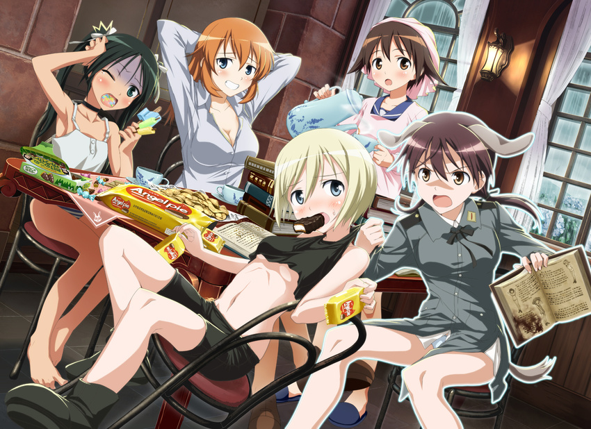 armpits arms_behind_back aura barefoot bike_shorts blonde_hair blue_eyes blush book brain_freeze breasts brown_eyes brown_hair chair charlotte_e_yeager chips cleavage cup dutch_angle erica_hartmann food francesca_lucchini gertrud_barkhorn grin head_scarf hi-ho- highres kettle medium_breasts midriff miyafuji_yoshika mouth_hold multiple_girls navel one_eye_closed open_mouth popsicle potato_chips shirt_pull shorts sitting small_breasts smile snack strike_witches table tank_top teacup turn_pale twintails underboob world_witches_series