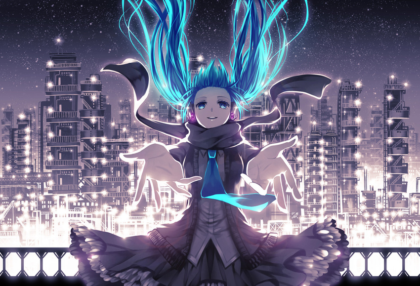 aqua_eyes aqua_hair cityscape foreshortening hatsune_miku headphones long_hair looking_at_viewer mirusa necktie night open_mouth scarf skirt sky smile solo star_(sky) starry_sky twintails vocaloid