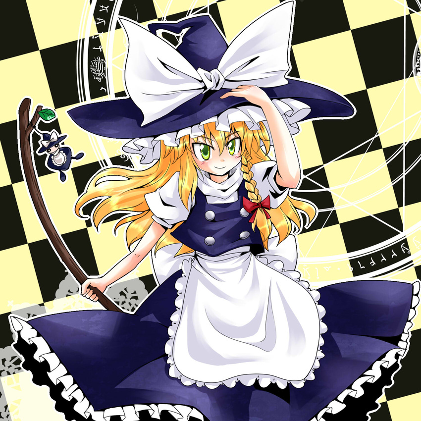 blonde_hair broom checkered checkered_background doll green_eyes hand_on_headwear hat highres kirisame_marisa long_hair magic_circle nibi smile solo touhou tsurime witch_hat