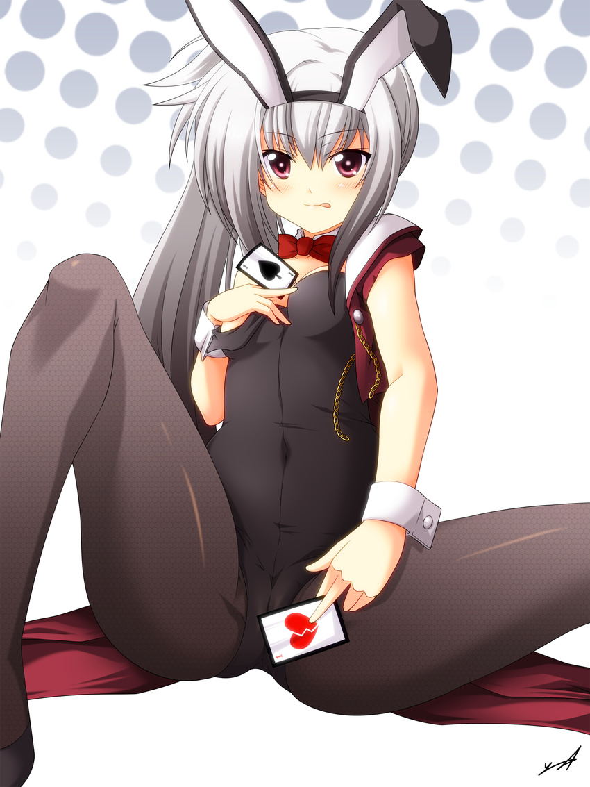 :p animal_ears black_legwear blush bow bunny_ears bunny_girl bunnysuit card detached_collar dracu-riot! elena_olegovna_owen fake_animal_ears fishnet_pantyhose fishnets highres long_hair pantyhose pink_eyes playing_card silver_hair sitting solo spread_legs tongue tongue_out wrist_cuffs yua_(checkmate)