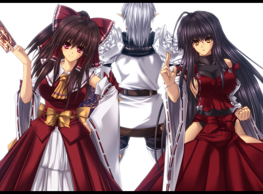 2girls bad_id bad_pixiv_id black_hair bow brown_hair buront crossover detached_sleeves elf final_fantasy final_fantasy_xi hair_bow hakurei_reimu juri_(shiningred) m.u.g.e.n multiple_girls nontraditional_miko original paladin_(final_fantasy) pointy_ears sendai_hakurei_no_miko silver_hair the_iron_of_yin_and_yang touhou yellow_eyes