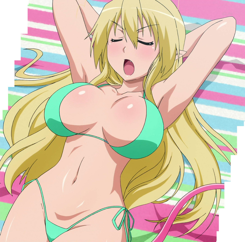 1girl angry armpits astarotte_no_omocha! bikini blonde_hair blush breasts cleavage ears eyes_closed fang female highres huge_breasts large_breasts laying lotte_no_omocha! lying mercelida_ygvar midriff navel open_mouth panties pink_tail pointy pointy_ears screencap side-tie_bikini solo stitched swimsuit tail thong underwear