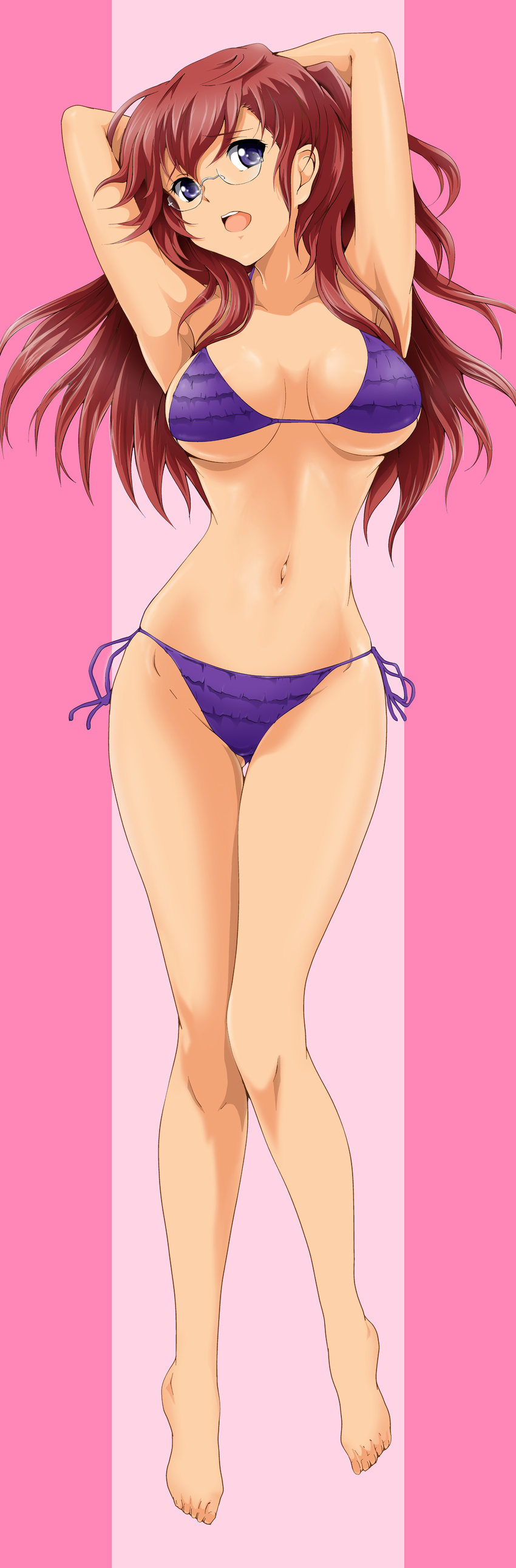 absurdres ano_natsu_de_matteru armpits arms_up barefoot bikini breasts d: dakimakura frilled_bikini frills full_body glasses highres legs long_image medium_breasts nanashi_noiji navel open_mouth purple_bikini purple_eyes red_hair shiny shiny_skin side-tie_bikini skindentation solo strap_gap striped striped_background swimsuit takatsuki_ichika tall_image thigh_gap