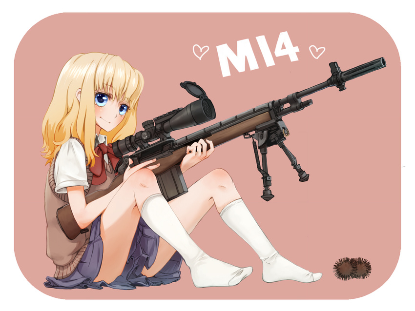 battle_rifle bipod blonde_hair blue_eyes blush bow bowtie chestnut gun highres m14 m14_(upotte!!) rifle school_uniform scope sitting skirt smile sniper_rifle socks solo sweater_vest takio upotte!! weapon