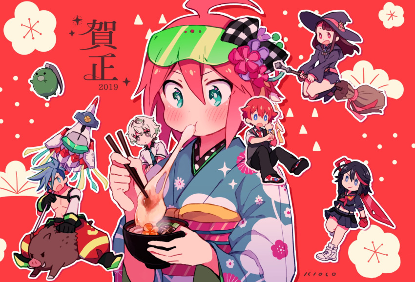 3boys 3girls agata_katsuhira ahoge blue_hair bow bowl broom broom_riding brown_hair chibi chinese_zodiac chopsticks creator_connection crossover eating explosive eyewear_on_head frag galo_thymos gloves grenade hair_bow hibiki_yuuta highres japanese_clothes kagari_atsuko ki_on kill_la_kill kimono kiznaiver little_witch_academia luna_nova_school_uniform matoi_ryuuko mochi multiple_boys multiple_crossover multiple_girls nengajou new_year outline polearm promare red_background red_gloves red_hair riding school_uniform scissor_blade shoes shooting_glasses short_hair simple_background sneakers spiked_hair ssss.gridman sweater_vest trigger-chan trigger_(company) weapon white_outline year_of_the_pig zouni_soup