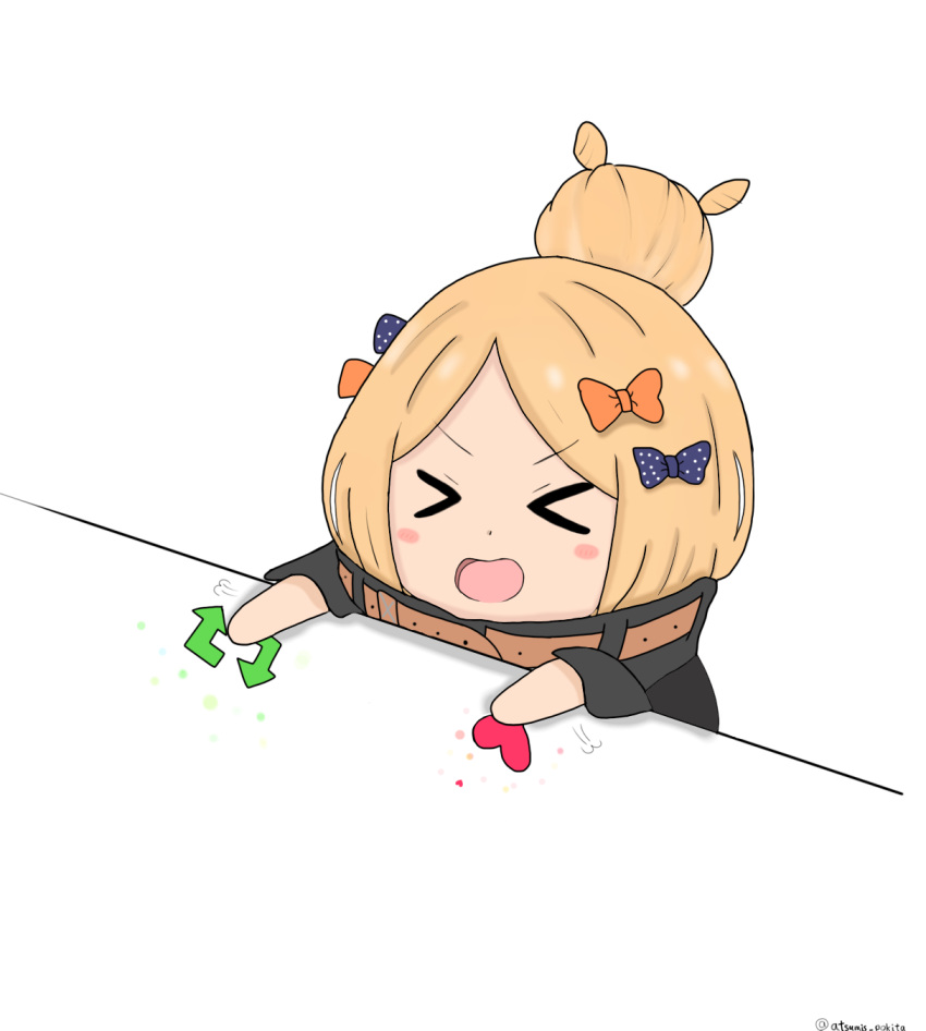 &gt;_&lt; 1girl :d abigail_williams_(fate/grand_order) atsumisu bangs black_bow black_jacket blonde_hair blue_eyes blush_stickers bow chibi commentary_request directional_arrow eyebrows_visible_through_hair eyes_closed facing_viewer fate/grand_order fate_(series) forehead hair_bow hair_bun heart heroic_spirit_traveling_outfit highres jacket long_hair long_sleeves open_mouth orange_bow parted_bangs polka_dot polka_dot_bow smile solo twitter twitter_username v-shaped_eyebrows white_background xd