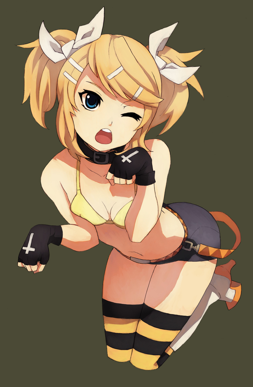 absurdres bare_shoulders belt bikini_top blonde_hair blue_eyes boots bow breasts collar cross fingerless_gloves full_body gloves hair_bow hair_ornament hairclip high_heels highres kagamine_rin mikumikudance navel one_eye_closed open_mouth paw_pose penguin_caee shoes short_hair shorts simple_background small_breasts solo striped striped_legwear thighhighs twintails vocaloid