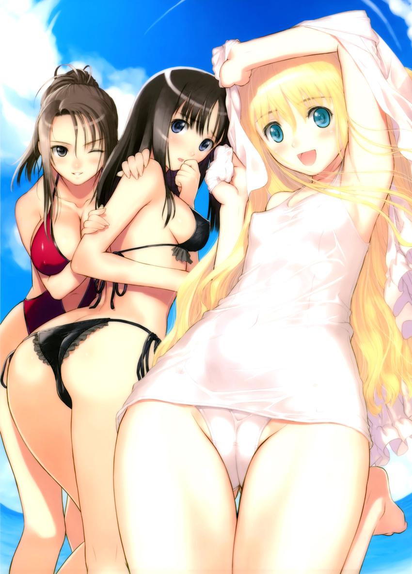 :d absurdres arm_up armpits ass bare_legs bare_shoulders barefoot beach bikini black_bikini blonde_hair blue_eyes blue_sky breasts brown_eyes brown_hair butt_crack cameltoe cloud collarbone covered_nipples day dress flat_chest france_shoujo green_eyes halterneck hand_to_own_mouth highres large_breasts leg_up long_hair looking_at_viewer looking_back multiple_girls navel odagiri_maiko old_school_swimsuit one-piece_swimsuit one_eye_closed open_mouth outdoors parted_lips ponytail red_swimsuit school_swimsuit shoujo side-tie_bikini sideboob sky smile swimsuit tanaka_takayuki thigh_gap undressing water white_legwear white_school_swimsuit white_swimsuit yagisawa_kasumi