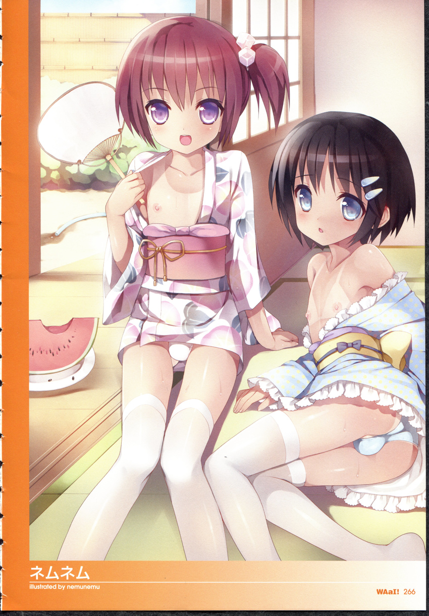 2boys absurdres black_hair blue_eyes bulge fan food fruit hair_ornament hairclip highres japanese_clothes kimono legwear male male_focus melon multiple_boys nemunemu_(candy_paddle) nemunemu_(shuumatsu_shorijou) nipples panties purple_eyes red_hair short_hair stockings sweat tan tanline thighhighs trap underwear waai waai! watermelon yukata