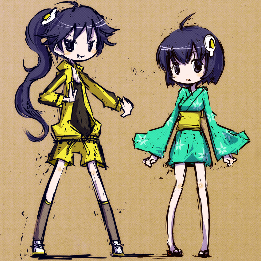 ahoge araragi_karen araragi_tsukihi black_eyes black_hair bob_cut fighting_stance fried_egg frown grin gym_shorts hair_ornament highres jacket japanese_clothes kimono long_hair monogatari_(series) mot_(anticycle) multiple_girls nisemonogatari ponytail shoes short_hair short_kimono shorts siblings sisters smile sneakers tabi track_jacket track_suit