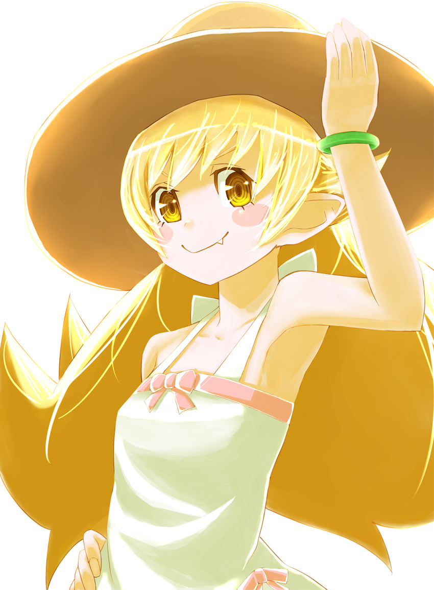 armpits bad_id bad_pixiv_id bare_shoulders blonde_hair fang hat highres long_hair monogatari_(series) nisemonogatari oshino_shinobu smile solo soratoa sun_hat yellow_eyes