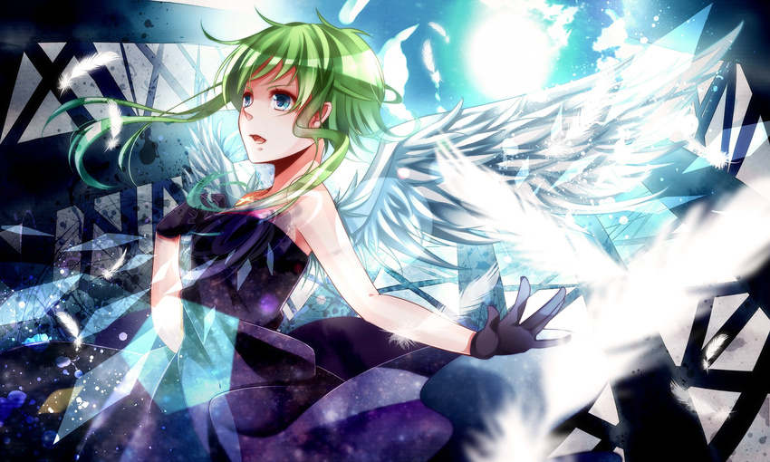 angel_wings bare_shoulders blue_eyes dress feathered_wings feathers gloves green_hair gumi highres looking_away music nou open_mouth short_hair singing solo vocaloid wings