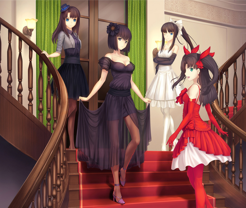 4girls aqua_eyes bare_shoulders brown_hair brown_legwear elbow_gloves evening_gown fate/stay_night fate_(series) female gloves green_eyes high_heels highres kara_no_kyoukai kokutou_azaka kuonji_alice long_hair looking_back mahou_tsukai_no_yoru multiple_girls open_mouth pantyhose ponytail red_carpet ribbon short_hair stairs tohsaka_rin toono_akiha tsukihime tsukikanade twintails two_side_up type-moon white_legwear wink