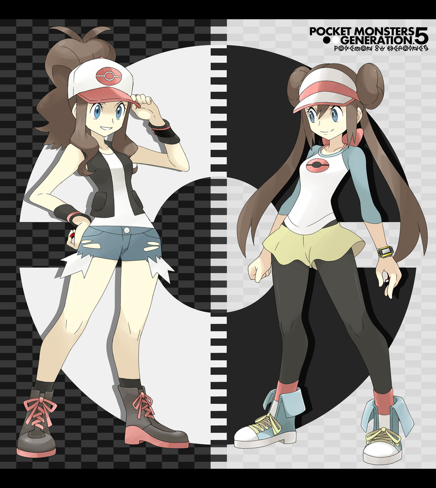 ankle_boots bad_id bad_pixiv_id baseball_cap black_legwear blue_eyes boots brown_hair checkered checkered_background copyright_name cross-laced_footwear cutoffs denim denim_shorts double_bun hand_on_headwear hand_on_hip hat highres holding holding_poke_ball lace-up_boots legwear_under_shorts light_smile long_hair mei_(pokemon) multiple_girls official_style pants pantyhose poke_ball pokemon pokemon_(game) pokemon_bw pokemon_bw2 ponytail raglan_sleeves shoes shorts sleeveless souji standing torn_clothes torn_pants touko_(pokemon) twintails vest visor_cap watch wristband wristwatch