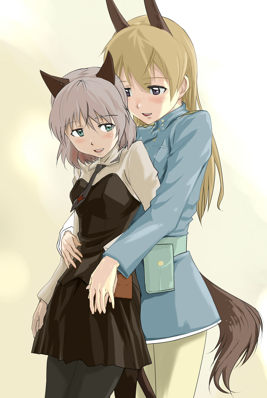 animal_ears aqua_eyes belt belt_pouch blonde_hair bob_cut couple eila_ilmatar_juutilainen hand_on_another's_stomach highres holding_hands hug hug_from_behind long_hair looking_back multiple_girls munmun necktie pantyhose pouch purple_eyes sanya_v_litvyak short_hair silver_hair simple_background skirt smile strike_witches tail world_witches_series yuri