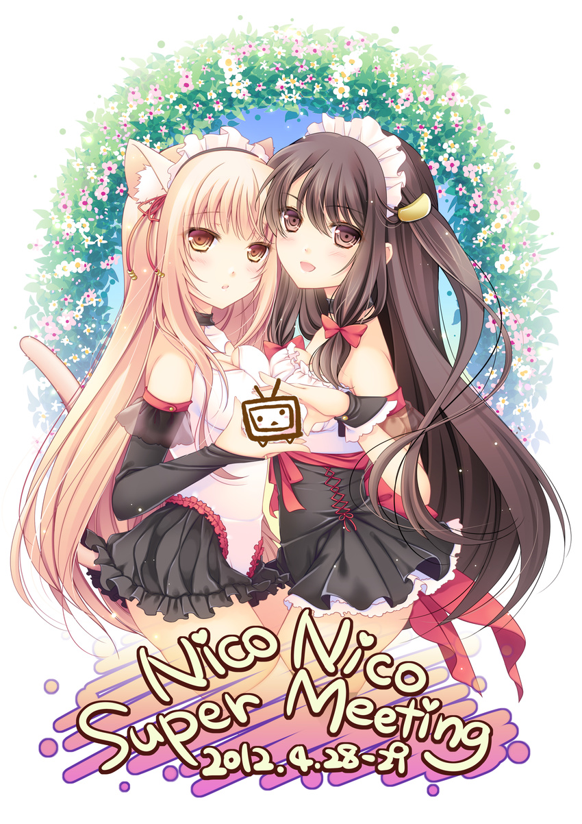 :d absurdres animal_ears black_eyes black_hair bow cat_ears cat_tail cocoa_(cafe-hotcocoa) detached_sleeves english finger_frame finger_frame_duo frills hair_bow hair_ornament hairclip highres long_hair maid_headdress multiple_girls niconico open_mouth original pink_eyes pink_hair smile tail very_long_hair wrist_cuffs