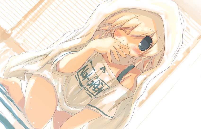 1girl artist_name bare_shoulders bed blonde_hair blue_eyes blush dutch_angle kneeling looking_at_viewer original panties pantyshot pantyshot_(kneeling) sakaki_(noi-gren) shirt solo t-shirt under_covers underwear white_panties wince window wink yawning