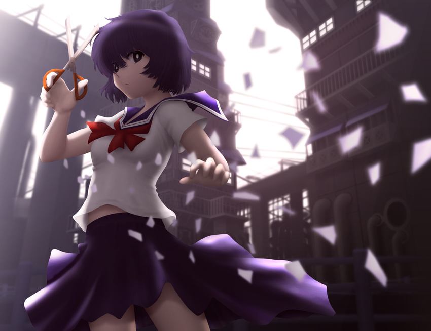 black_eyes nazo_no_kanojo_x paper purple_hair school_uniform scissors serafuku siraha skirt solo urabe_mikoto