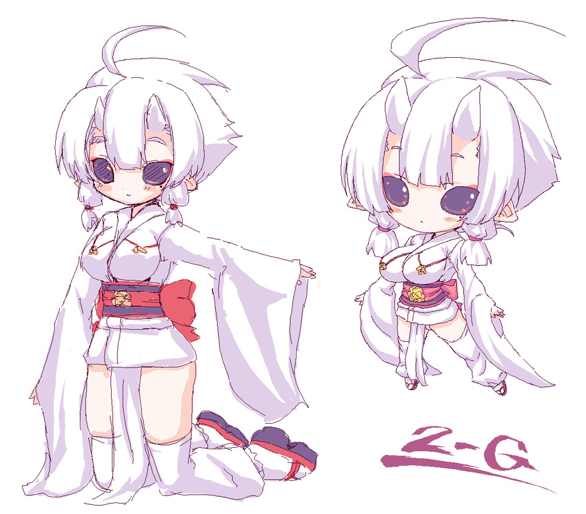 2-g ahoge breasts fundoshi geta horns japanese_clothes kimono leg_warmers mole mole_under_eye multiple_views obi oekaki original pointy_ears purple_eyes sash short_kimono small_breasts white_hair