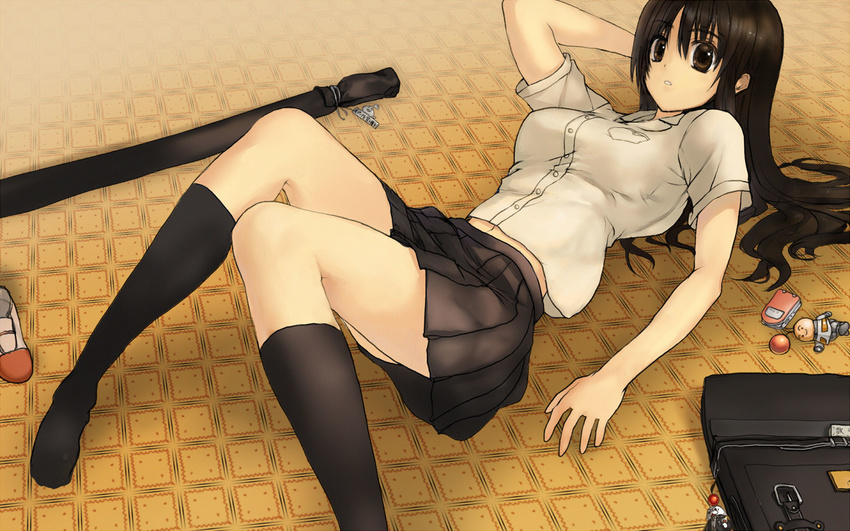 bag bag_charm black_eyes black_hair black_legwear bob_(biyonbiyon) cellphone cellphone_charm charm_(object) hand_behind_head kneehighs lying navel on_back on_floor original parted_lips phone pleated_skirt school_uniform shoes shoes_removed skirt solo sword uwabaki wallpaper weapon weapon_bag