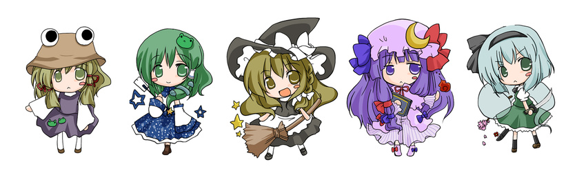 :&lt; black_legwear blonde_hair blush_stickers bow broom chibi detached_sleeves dress flower frog_hair_ornament futami_yayoi gohei green_eyes green_hair hair_bow hair_ornament hair_ribbon hair_tubes hairband hat hat_ribbon hitodama kirisame_marisa kochiya_sanae konpaku_youmu konpaku_youmu_(ghost) long_hair long_sleeves moriya_suwako multiple_girls open_mouth patchouli_knowledge puffy_short_sleeves puffy_sleeves purple_eyes purple_hair ribbon short_hair short_sleeves silver_hair simple_background snake_hair_ornament star striped striped_dress sword touhou weapon white_background white_legwear witch_hat yellow_eyes