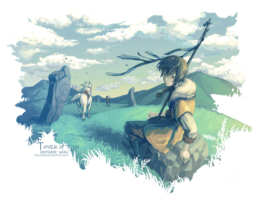 akru blue_sky border braid cloud cloudy_sky commentary_request dated day fantasy gradient_sky grass horse leaf male_focus multiple_boys nature original outdoors reins saddle scenery sitting sky sunrise watermark web_address white_border white_horse wind