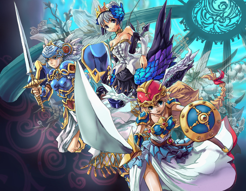 armor armored_dress bare_shoulders blonde_hair blue_eyes crossover dress foreshortening gwendolyn helmet lenneth_valkyrie matsumoto_eight multiple_girls odin_sphere shield strapless strapless_dress sword tiara trait_connection valkyrie valkyrie_(vnd) valkyrie_no_densetsu valkyrie_profile vambraces weapon white_hair wings