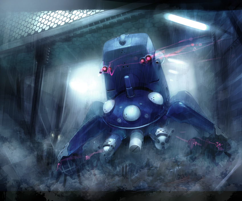 building from_below ghost_in_the_shell glowing glowing_eyes highres indoors lamp mecha no_humans rain red_eyes smoke tachikoma takashima water