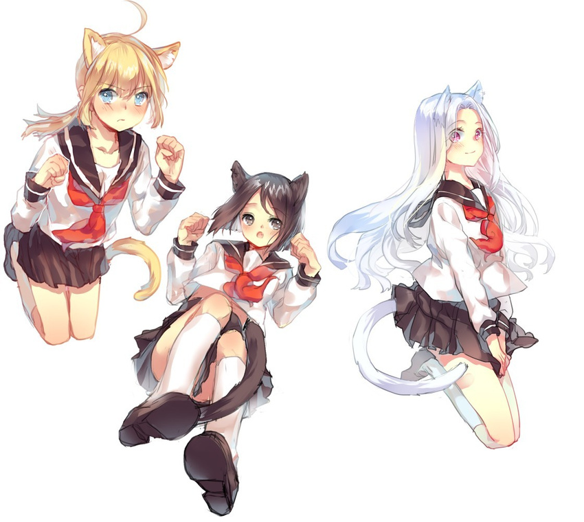 :o animal_ears artoria_pendragon_(all) black_hair blonde_hair blue_eyes blush brown_eyes cat_ears cat_tail fang fate/zero fate_(series) hisau_maiya irisviel_von_einzbern jumping long_hair multiple_girls nicohi open_mouth paw_pose saber school_uniform serafuku short_hair silver_hair skirt smile tail