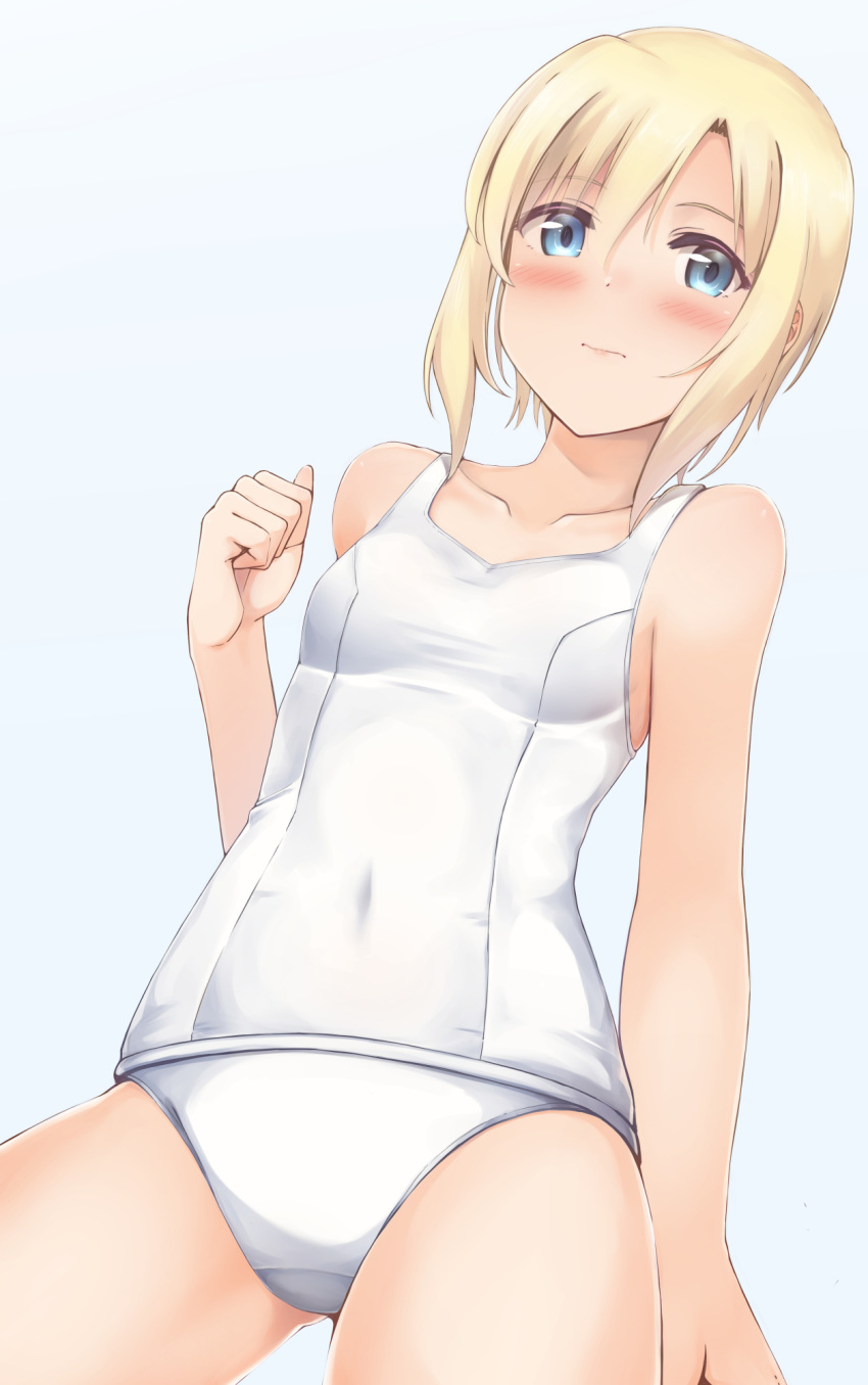 1girl apollo_(hu_maple) blonde_hair blue_eyes blush breasts collarbone covered_navel highres looking_at_viewer navel one-piece_swimsuit original school_swimsuit short_hair shoulder small_breasts solo swimsuit thighs tomboy white_school_swimsuit white_swimsuit