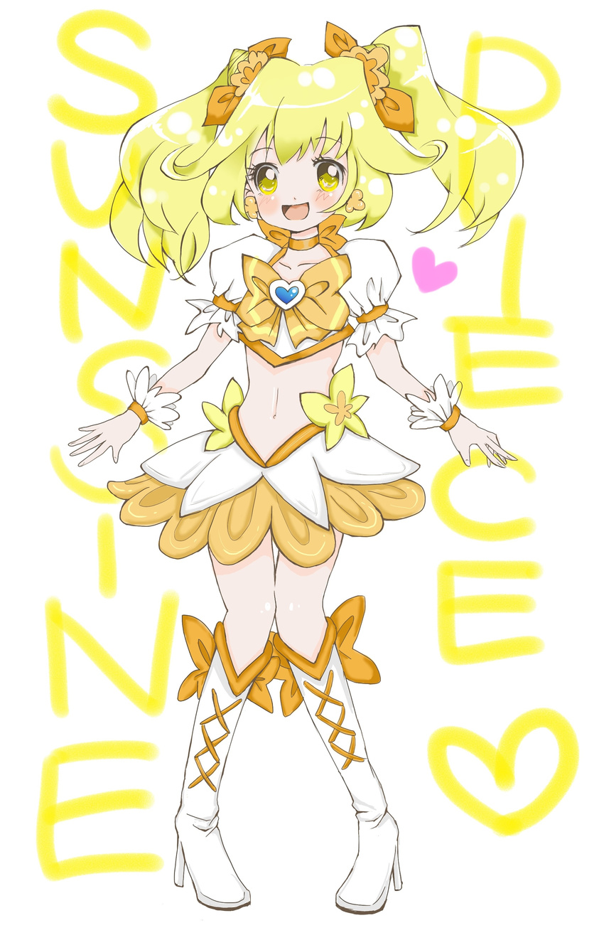 absurdres blonde_hair boots bow brooch character_name choker color_connection cosplay cure_peace cure_sunshine cure_sunshine_(cosplay) datemaki_yamai eyelashes full_body hair_flaps heart heartcatch_precure! highres jewelry kise_yayoi knee_boots long_hair magical_girl midriff navel orange_choker precure puffy_sleeves ribbon smile smile_precure! solo twintails typo white_background wrist_cuffs yellow yellow_bow yellow_eyes
