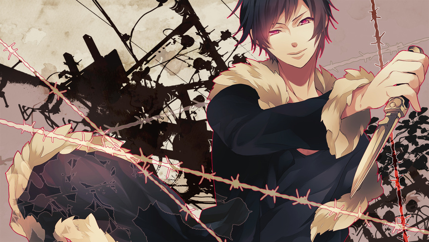 bad_id bad_pixiv_id black_hair coat durarara!! knife macco male_focus orihara_izaya red_eyes smile