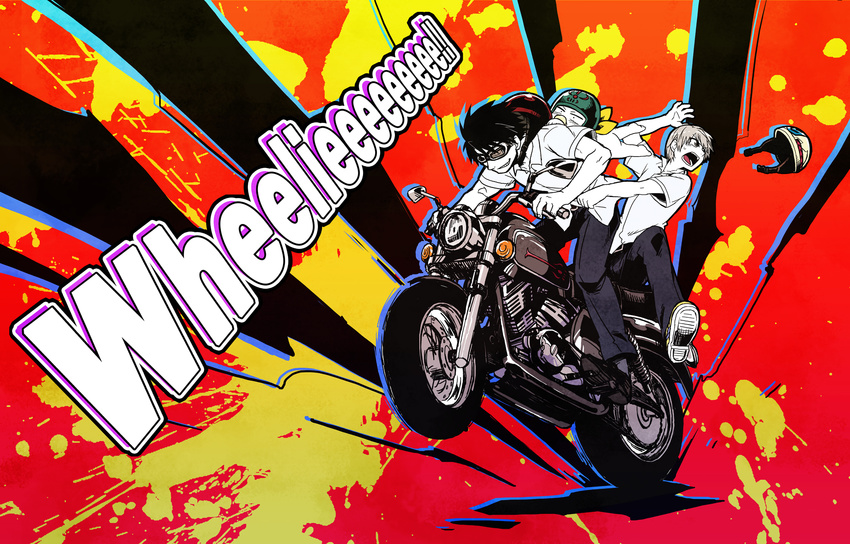 baby baby_be'el bad_id bad_pixiv_id beelzebub_(manga) black_hair ebita2010 furuichi_takayuki goggles grin ground_vehicle helmet highres monochrome motor_vehicle motorcycle multiple_boys oga_tatsumi pacifier school_uniform short_hair smile