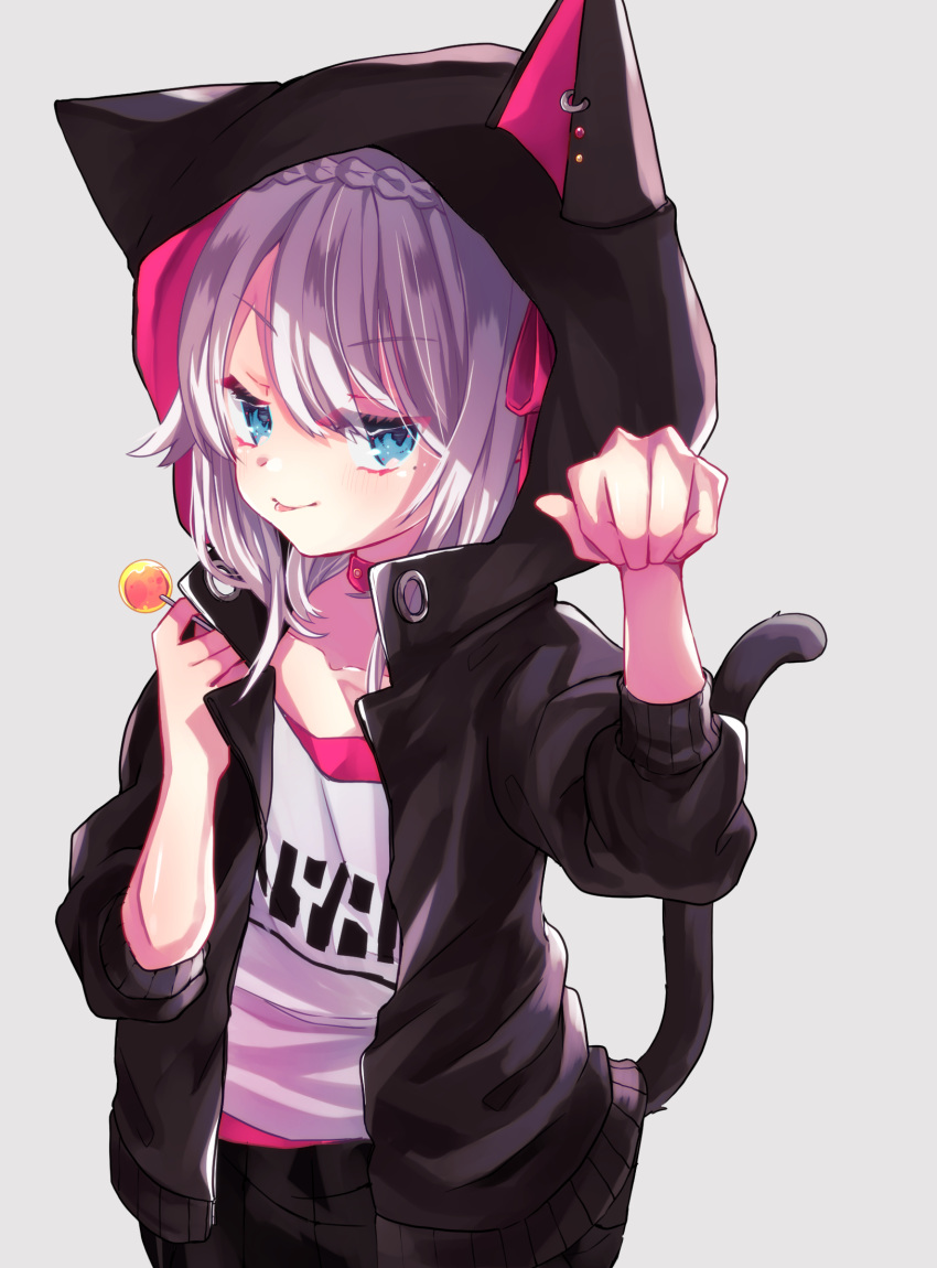 1girl :p animal_ears animal_hood bangs beniko_(ymdbnk) black_jacket black_skirt blue_eyes bow braid candy cat_ears cat_girl cat_hood cat_tail closed_mouth clothes_writing collarbone commentary_request crown_braid ear_piercing eyebrows_visible_through_hair food grey_background hair_between_eyes hair_bow hand_up highres holding holding_food holding_lollipop hood hood_up hooded_jacket jacket lollipop long_hair long_sleeves looking_at_viewer open_clothes open_jacket original paw_pose piercing pleated_skirt puffy_long_sleeves puffy_sleeves red_bow shirt silver_hair simple_background skirt smile solo tail tail_raised tongue tongue_out white_shirt