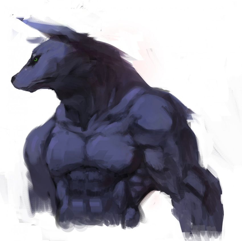 anthro biceps big_muscles black_fur black_nose canine deanii fur green_eyes male mammal muscles pecs plain_background pose solo standing toned topless white_background wolf