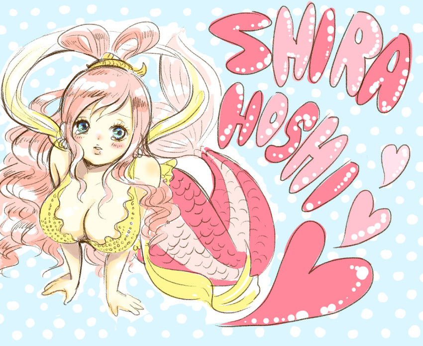 1girl blue_eyes breasts character_name cleavage curly_hair earrings female fishman_island giantess heart jewelry large_breasts melt_(moke1103) mermaid monster_girl one_piece pink_hair polka_dot polka_dot_background princess shirahoshi solo text