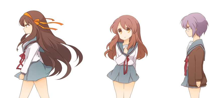 alternate_hairstyle asahina_mikuru brown_eyes brown_hair cardigan glasses grey_hair hair_ribbon kinokosuke kita_high_school_uniform long_hair multiple_girls nagato_yuki ribbon school_uniform serafuku suzumiya_haruhi suzumiya_haruhi_no_yuuutsu