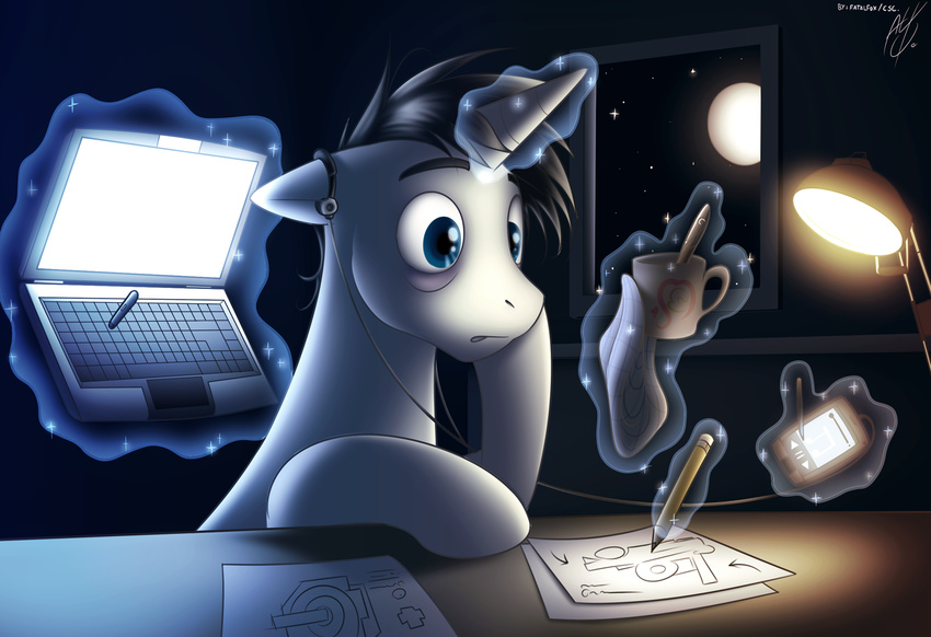 black_hair blue_eyes cellphone cobalt_snow computer cup earbuds english_text equine fatalfox feral friendship_is_magic fur glowing hair hand_on_chin horn horse inside lamp laptop levitation long_day_at_work magic male mammal moon my_little_pony night oc_pony original_character pencil phone pony safe signature sitting solo text tired unicorn white_fur white_skin work