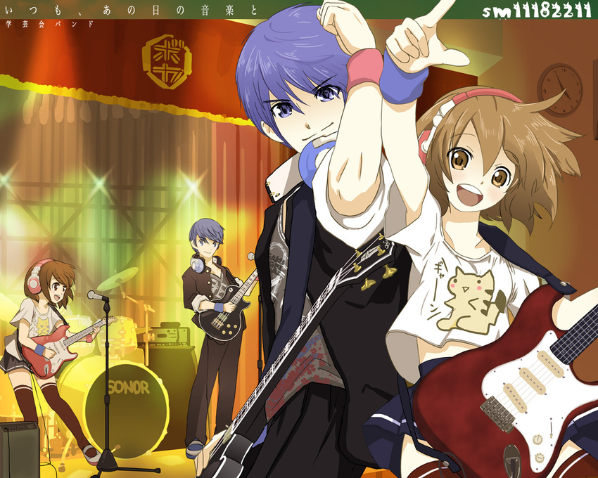 1girl concert couple drum gen_1_pokemon guitar hetero instrument kaito kanipanda les_paul meiko pikachu pokemon pokemon_(creature) short_hair skirt thighhighs translated uniform vocaloid younger